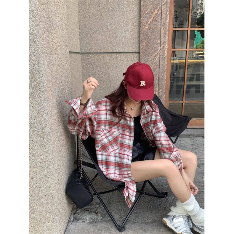 TC632-P45美式复古红格子衬衫女春夏季2026新款Polo领衬衣,女装衬衫,星座617A-2
