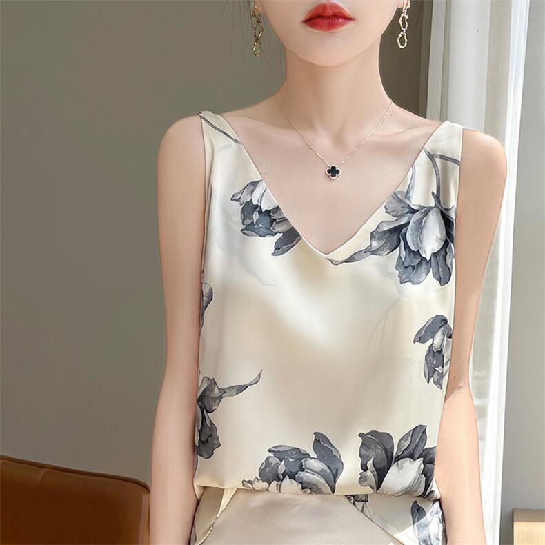 醋酸缎面印花V领吊带背心女夏季新款国风无袖气质内搭百搭上衣潮，女装背心吊带，朝贺羊绒