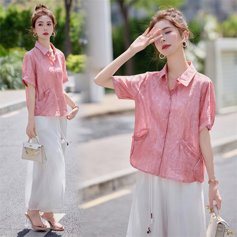 莱赛尔天丝提花短袖衬衫女2025夏季新款气质翻领洋气减龄小衫上衣，女装衬衫，余墨