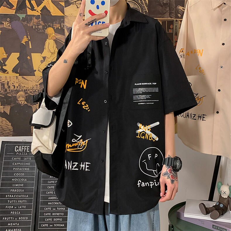 2024 夏季新款 港风海报风大码休闲短袖衬衫M-5X HC21190-P35图片