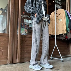 美式潮高街裤男拉链开叉牛仔裤秋冬欧美微喇直筒裤N0575-P50，男装牛仔裤，星座308B-1