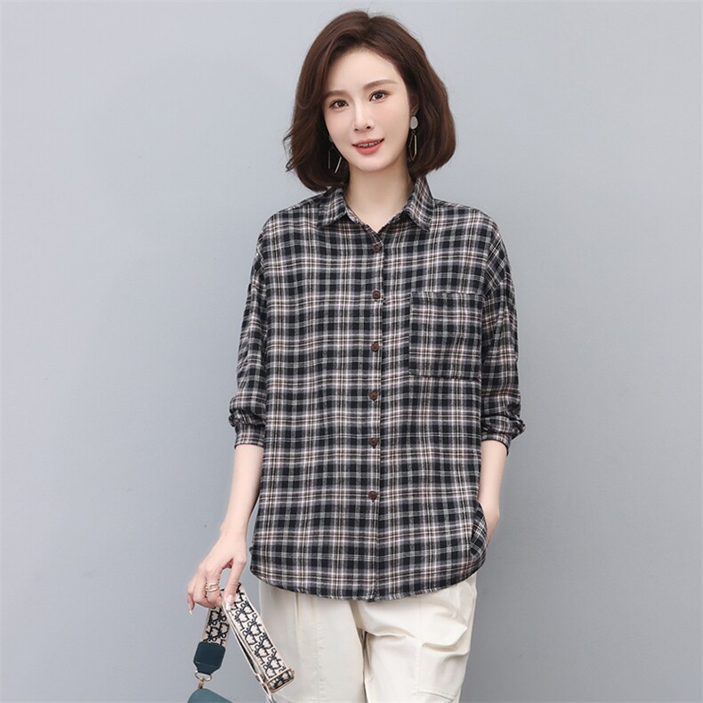 格子衬衫女长袖2025新款春秋衬衣春款漂亮小衫妈妈上衣,女装衬衫,忆绮罗