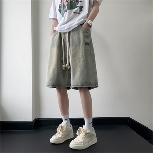 牛仔短裤男夏季高街潮牌宽松百搭美式复古水洗抽绳休闲五分裤图片