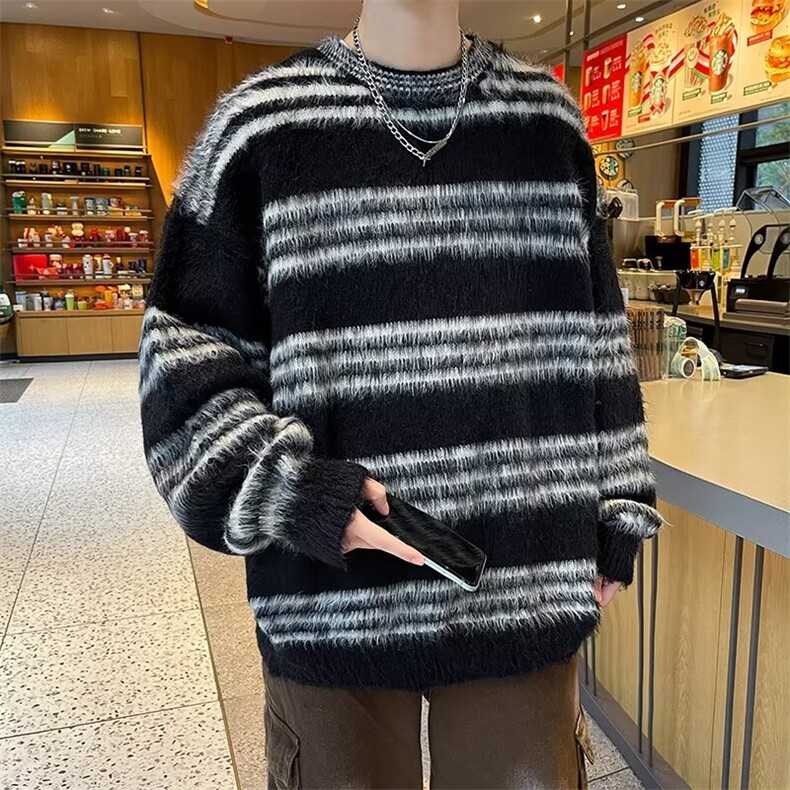 水貂绒条纹圆领毛衣男士秋冬季韩系潮牌宽松慵懒风情侣针织衫外套,男装针织衫/毛衣,星座410-6（原星座1304-1）