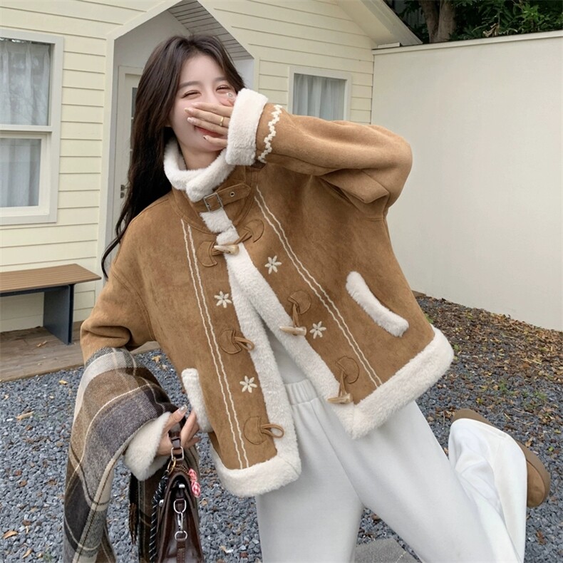 牛角扣皮毛一体冬超好看麂皮绒羊羔毛外套，女装羊羔毛/颗粒绒，浙宝103（原192）
