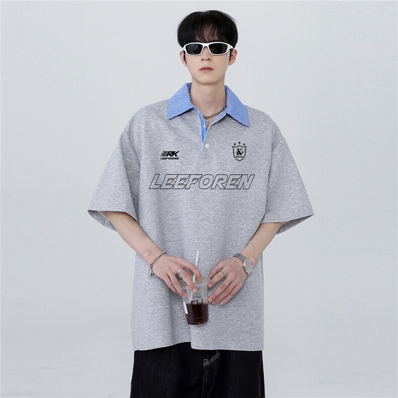 痞帅炸街翻领假两件拼接条纹潮牌少年感短袖上衣POLO衫T276-P48,男装Polo衫,电商C307
