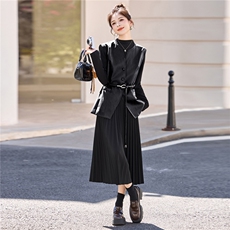 黑色长袖连衣裙2025秋新款独特漂亮超好看气质御姐马甲穿搭套装裙，女装套装/套裙，意芙