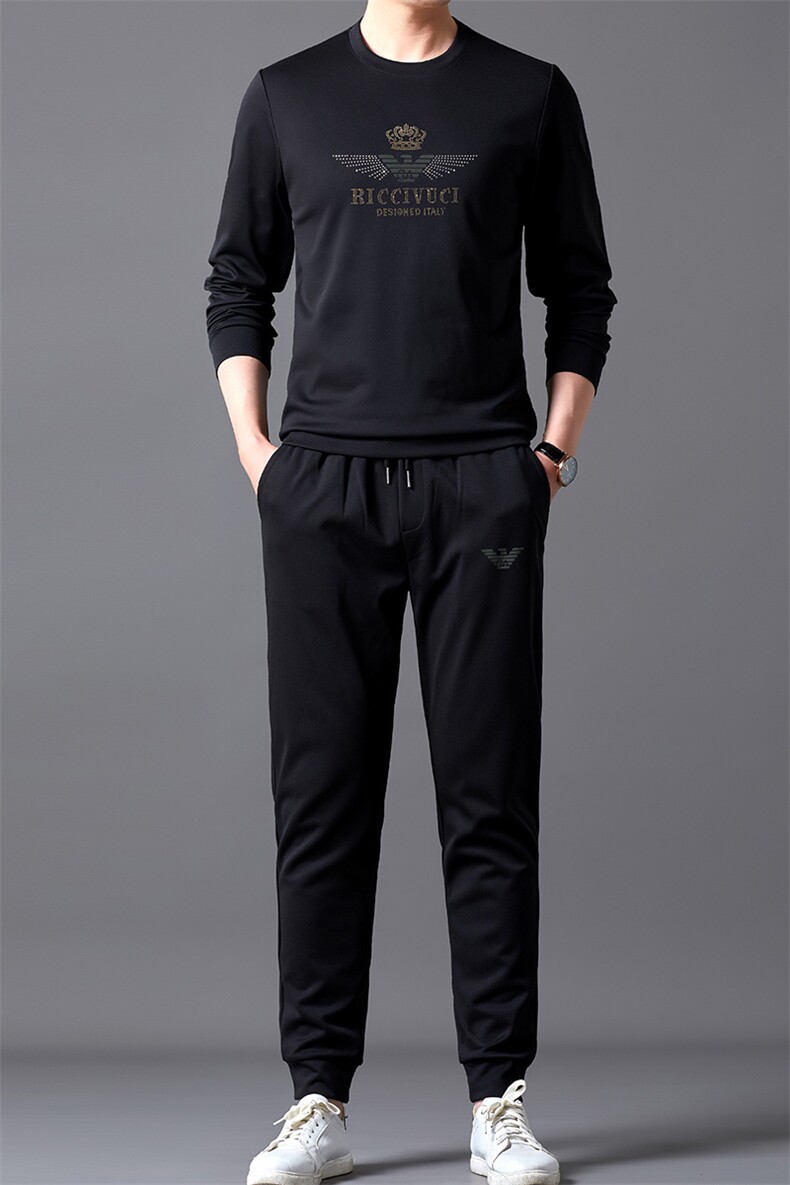 春季新款长袖t恤套装中青年男士潮流休闲百搭春秋运动纯色两件套，男装休闲套装，电商B212（原钱塘6029）