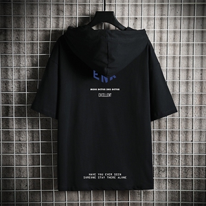 LD54120-P45 连帽短袖t恤男大码胖子带帽五分袖中袖 网格挂拍图片