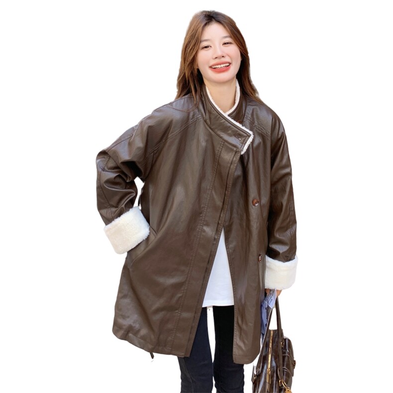 咖色羊羔毛拼接PU皮衣外套女加厚加绒夹克2C206-L606-P195-K298,女装派克服,2C206