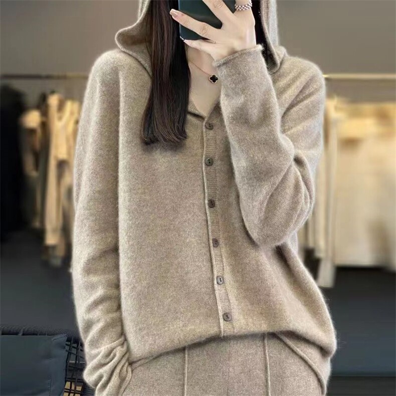 一线成衣100%纯羊毛连帽开衫女秋冬款多扣针织毛衣宽松羊绒衫外套,针织衫/毛衣,恒旺羊绒