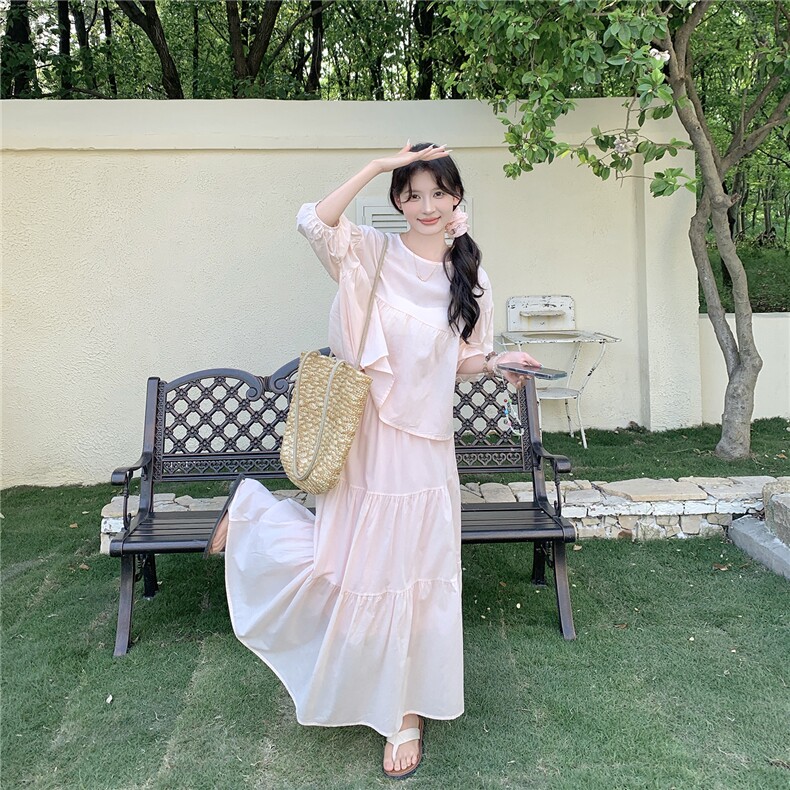 盐甜系穿搭粉色轻薄防晒上衣套装女夏新款学院风减龄半身裙两件套,女装套装/套裙,2C086