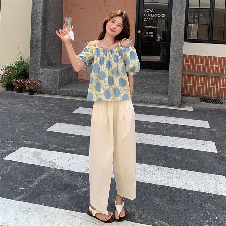 小个子法式茶歇印花一字肩上衣套装女夏新款休闲舒适阔腿裤两件套,女装套装/套裙,维壹