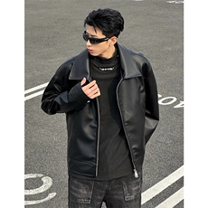 网图美式复古潮流机车皮衣外套男高级感黑色皮夹克J2579-P85，男装夹克，星座1213