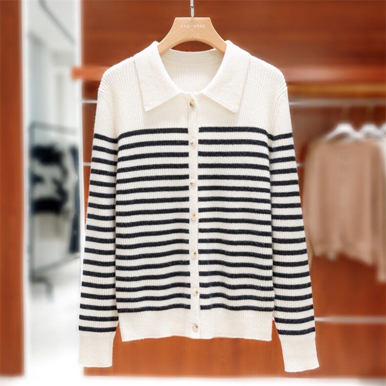 2025春秋新款羊绒衫女100纯山羊绒康赛妮羊绒线休闲条纹针织上衣，女装针织衫/毛衣，忠诺羊绒