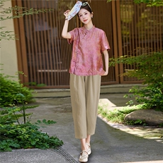 长期有货2026夏装新款时尚两件套装女提花新中式衬衫T小脚腿裤女，女装套装/套裙，璐依舞
