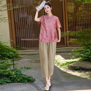 长期有货2026夏装新款时尚两件套装女提花新中式衬衫T小脚腿裤女图片