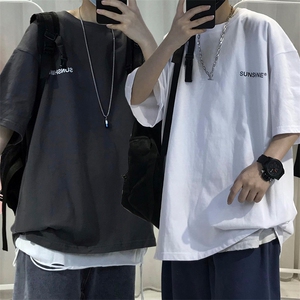 T06常年款男士休闲字母印花T恤衫外套圆领半袖五分袖TEE男女中性图片