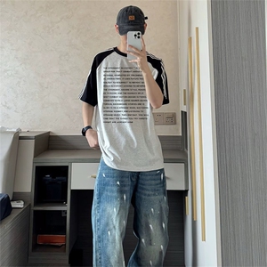 抖音得物品质二开240克宽松纯棉美式潮牌插肩三杠织带短袖T恤图片