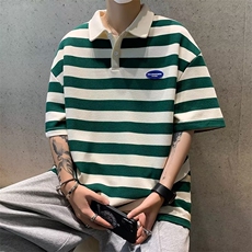 夏季港风情侣短袖POLO衫条纹贴布宽松短袖T恤PL0399-P35，男装Polo衫，星座308B-1