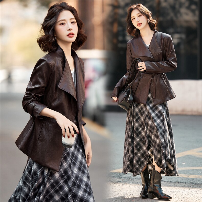 BAO款欧版气质大翻领显瘦超柔蛋白皮设计感系带短款PU皮风衣外套，女装皮衣，潮流依族