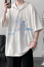 LD54455-P45连帽短袖t恤男大码胖子带帽五分袖中袖，男装T恤，电商A040