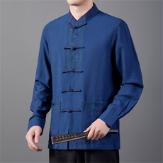 春秋新款中老年风唐装刺绣中山装盘扣男复古衬衫HL23911-P105，男装衬衫，星座1105-3