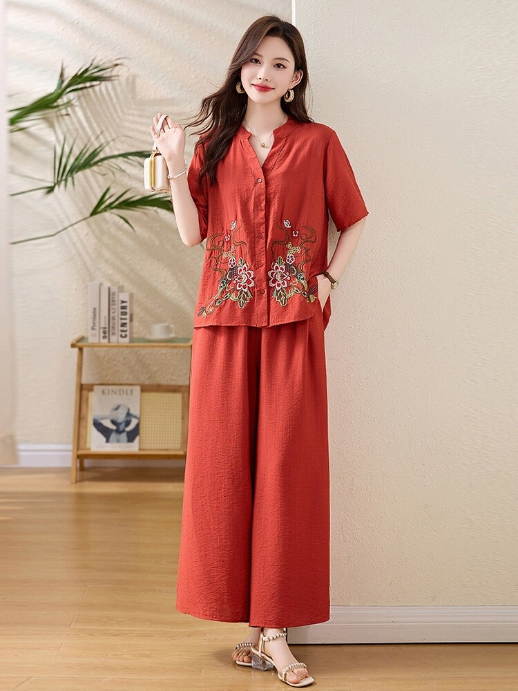 天丝麻短袖休闲套装女夏季2025新款重工刺绣衬衫显瘦阔腿裤两件套,女装套装/套裙,涵墨