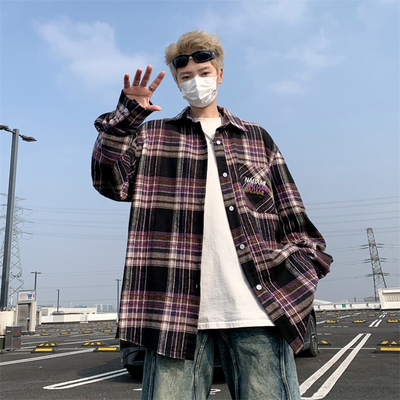 春季新款复古磨毛刺绣格子长袖衬衫男宽松休闲衬衣外套C552,男装衬衫,星座1116A-1（原606A）