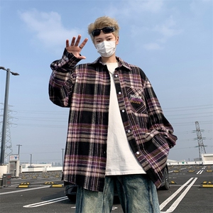 春季新款复古磨毛刺绣格子长袖衬衫男宽松休闲衬衣外套 C552图片
