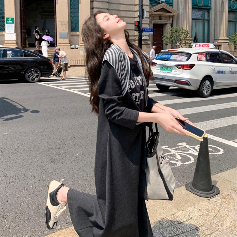 条纹披肩字母长袖连衣裙女2025春秋新款韩系设计感绑带收腰T恤裙,女装连衣裙,2C353