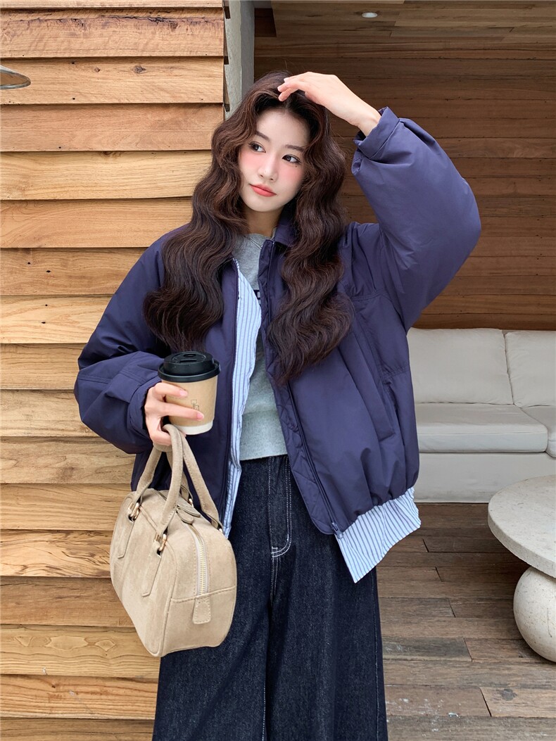 藏青色格子拼接假两件短款羽绒服女冬季2025新款设计感白鸭绒外套,女装羽绒服,慧尚2-185