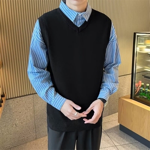 无袖针织毛衣背心v领马夹纯色套头坎肩毛线打底秋冬马甲男装