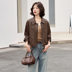 2025春季新款韩版休闲翻领短款皮衣抽绳外套女宽松百搭夹克上衣潮，女装皮衣，潮流依族