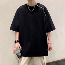 拉链短袖t恤男夏季重磅高街痞帅圆领半袖潮牌纯色T恤-T126-P32，男装T恤，星座1001-1