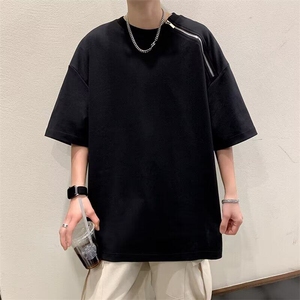拉链短袖t恤男夏季重磅高街痞帅圆领半袖潮牌纯色T恤 -T126-P32图片