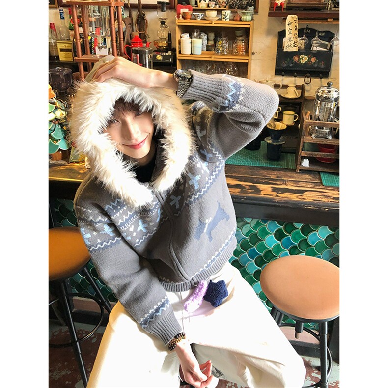重磅北极绒座山雕毛衣外套冬美式复古休闲慵懒风大毛毛领针织开衫,男装针织衫/毛衣,电商A486