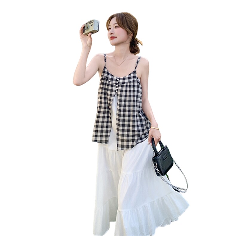 法式格子吊带拼接连衣裙女夏2025新款超好看独特漂亮减龄甜美长裙,女装连衣裙,2C015
