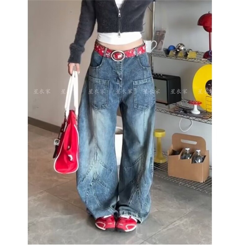 复古蓝牛仔裤女秋冬2025新款阔腿工装裤美式高街多口袋直筒休闲裤图片