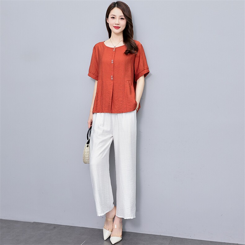 时尚棉麻套装女夏季洋气减龄遮肚子宽松显瘦休闲亚麻阔腿裤两件套，女装套装/套裙，涵墨