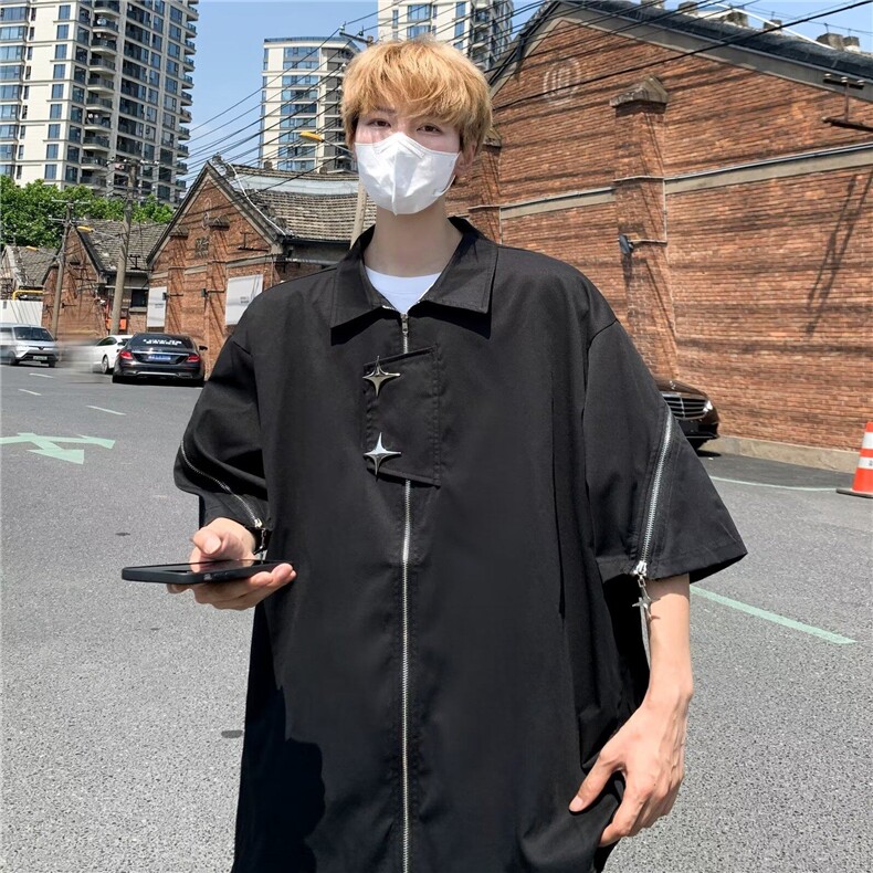 2025夏痞帅衬衫男短袖宽松拉链设计衬衣C1265,男装T恤,星座1108