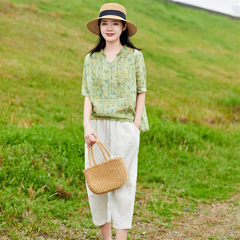 苎麻文艺风2026年春季女短袖宽松薄，女装衬衫，江南依恋