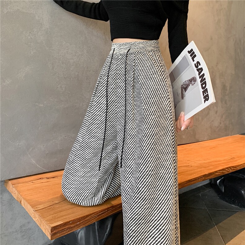 新款亮丝条纹阔腿裤女秋冬复古氛围慵懒小个子垂感针织休闲裤，女装休闲裤，梦白服饰厂