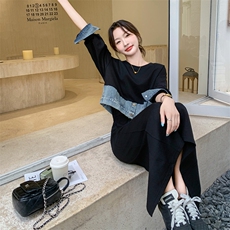 慵懒松弛感黑色假两件连衣裙女春秋2025新款超好看显瘦拼接卫衣裙，女装连衣裙，2C029