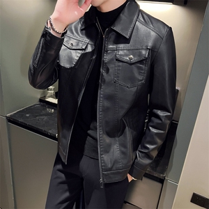 秋冬社会小伙PU翻领男士机车皮衣帅气外套 LE901-常规P85加绒P93图片