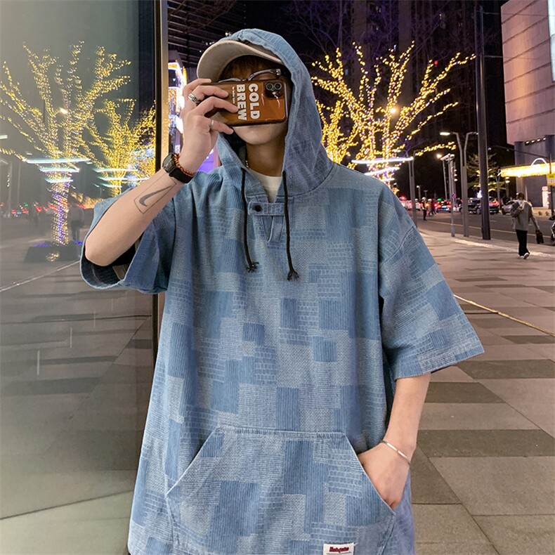 夏款男连帽T恤小鱼鳞条纹方格小贴标织带五分袖外套T235P38,男装T恤,星座1013-1
