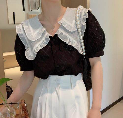 爽边翻领菱纹衬衣，女装，新袖