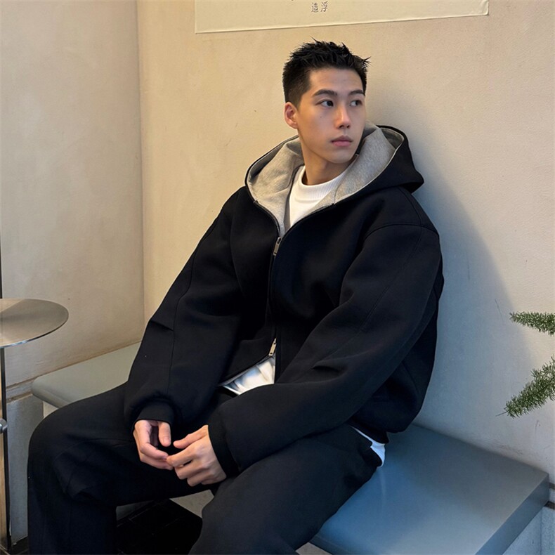 抖音得物高品质二开25秋冬美式重磅宽松结构双面连帽卫衣外套W68,男装卫衣,电商A486