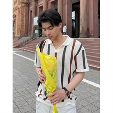 夏季粗针镂空针织衫男士潮牌时尚条纹撞色毛织休闲短袖polo衫，男装T恤，星座516A