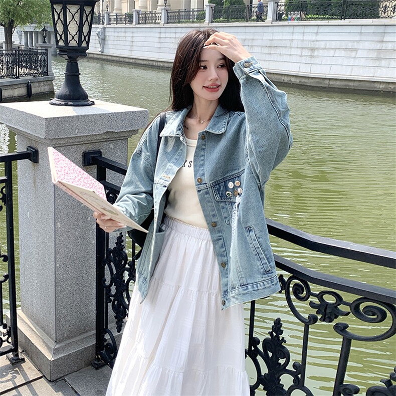 2026春装有货 韩版蕾丝飘带牛仔外套2C090--1226-P135-K188图片